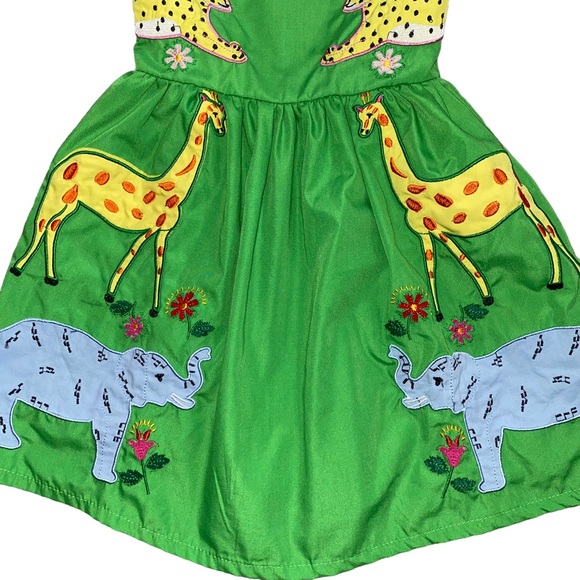 Girls Safari Zoo Animal Embroidered Appliqué Tie Strap Green Vacation Dress - Picture 5 of 6